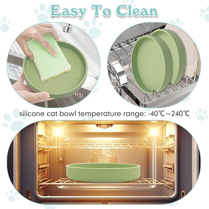 Silicone Dog Bowl Shallow Cat Food Bowls 7in Flat Puppy Plates Cute Whisker Fatigue Pet Feeding Dishes Set of 2 for Dry and Wet Food Indoor (Round Bean Green)