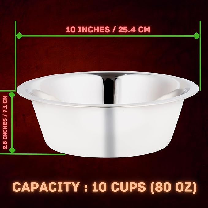 Stainless Steel Dog Bowl 2-Pack Metal Food and Water Dish (10" inch Outer Diameter) Pet Feeder Replacement Bowls Dishwasher Safe, Easy to Clean (10 Cups)