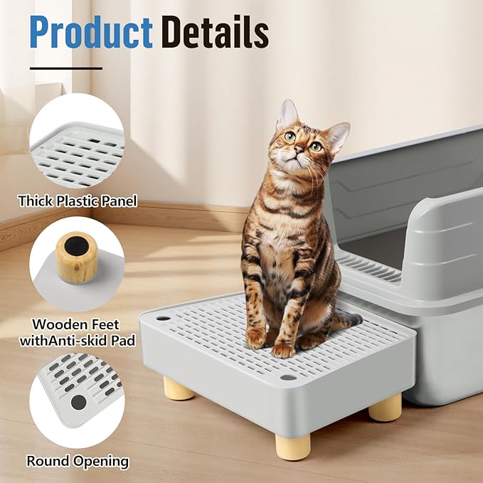 Extra Large Cat Litter Box Step Ramp, Cat's Litter Catcher Mat with Wooden Feet, Filter Function, Pedal Stool for Self-Cleaning Cat Litter Box, Ideal for Kitten & Elderly Cats (Light Grey)