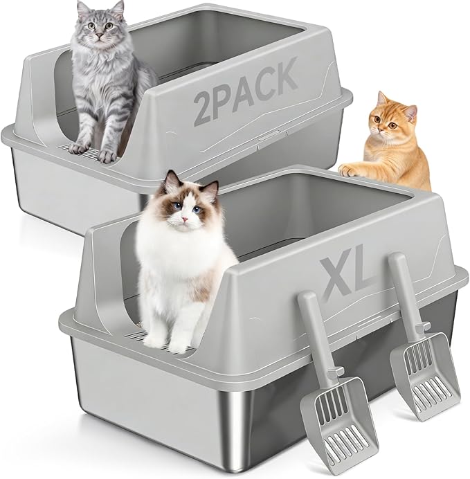 2 Pack XL Stainless Steel Litter Box with High Sides Shield for Multi Cat, Extra Large Tall Wall Open Top Deep Metal Pan for Big Cats, Anti-Leak Non-Stick Odor Control, 2 Scoops Included, Gray