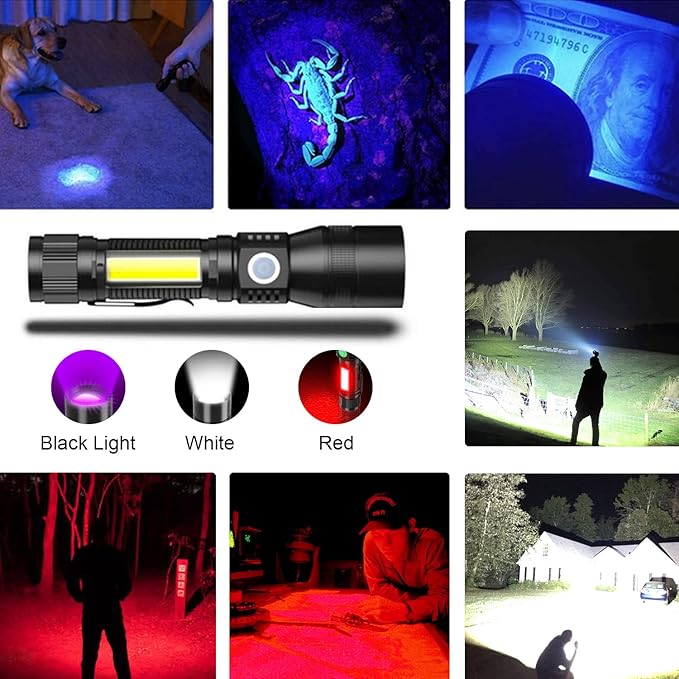 UV Flashlight Rechargeable, Black Light Flashlight with Magnet&Side Work Light 3in1 Tactical Flashlight Blacklight&Redlight, Zoomable, Waterproof LED Torch for Pet Urine Detector, Mechanics,2 Pack