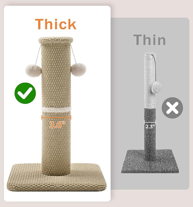 Made4Pets Tall Cat Scratching Post, 23.6" Modern Cat Scratcher with Hanging Balls, Heavy Duty and Thicker Scratching Post for Indoor Cats Adults, Sturdy Base Cat Scratch Post, Beige