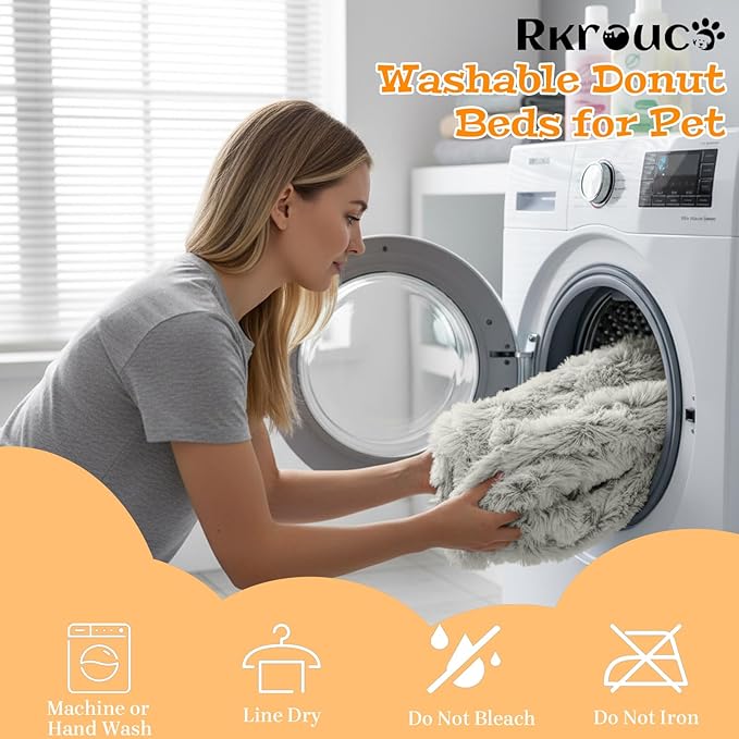 Fluffy Dog Bed Calming Donut Beds for Large Dogs Warming Round Small Medium Pet Nest Cozy Cat Mattress Indoor Washable Puppy Kennel Kittens Sleep Mat (L, 35.4×35.4 inch, Beige)