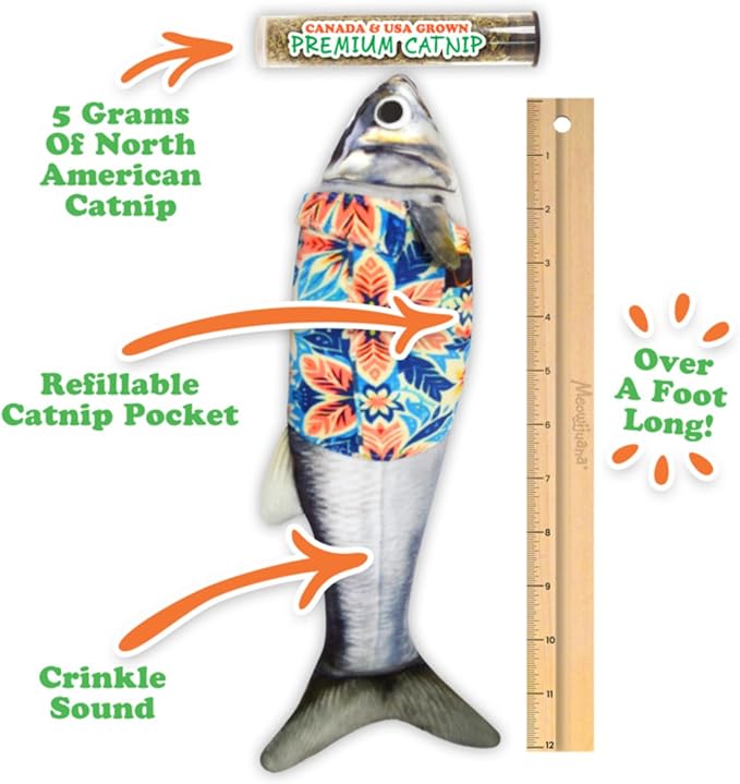 Meowijuana Kicker Toy for Cats | Get Kickin' Big Fishy Tourist | Refillable Kicker Catnip Toy | Promotes Play and Cat Health | Includes Potent Hand Harvested Catnip Grown in North America