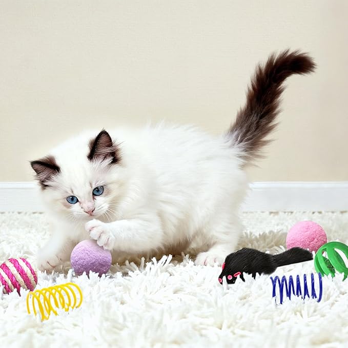 AGYM Cat Toys for Indoor Cats, 35 Packs Interactive Cat Toys Set with Colorful Springs, Mouse Cat Toy, Crinkle, Sisal, Pompom and Color Bell Balls for Kittens