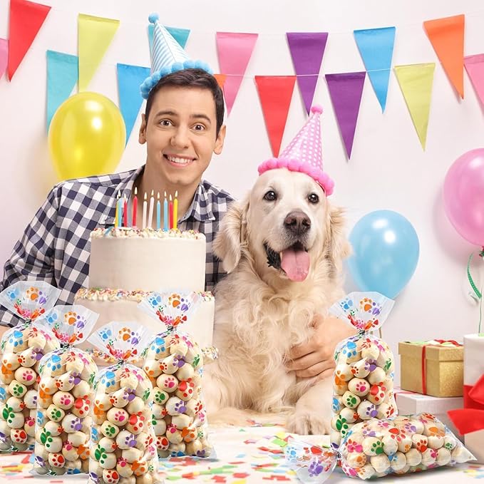 Blulu 200 Pcs Dog Treat Bags Pet Paw Cellophane Bags Dog Party Favor Heat Sealable Treat Paw Gift Cat Candy Bag with 200 Pcs Silver Twist Ties for Pet Party Favors(Colorful)