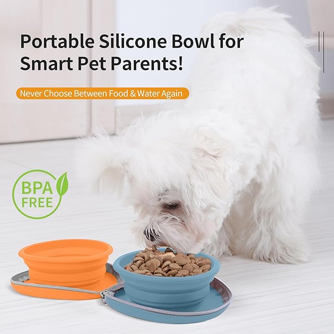 Collapsible Dog Bowls, 2-in-1 Travel Double Bowl Water Food Feeder Portable Pet Traveling Camping & Walking 25oz (Blue Orange)
