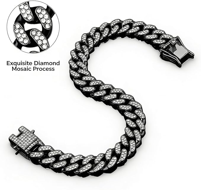 Dog Chain Collar Diamond Cuban Link Dog Collar (Black, 14inch)