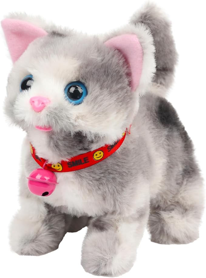 Cuteoy Walking Grey Cat Stuffed Animal Talking Wagging Nodding Educational Plush Kitty Toy Electric Interactive Animated Plushies for Girls Boys Birthday, 7"