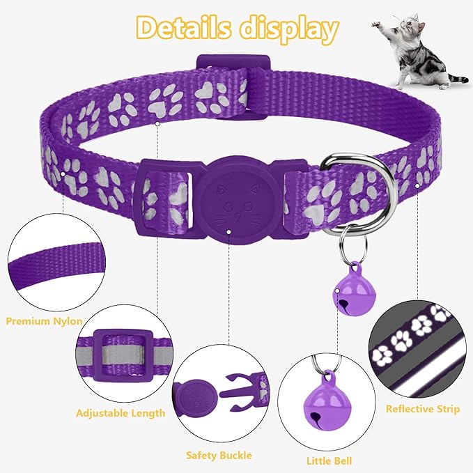 Taglory Kitten Collar Breakaway with Bell, Reflective Soft Cat Collar for Small Kittens, Adjustable 6-8 Inch High Visibility Night Strip, Lightweight for 2-6 Months Baby Cats, 2 Pack, Purple