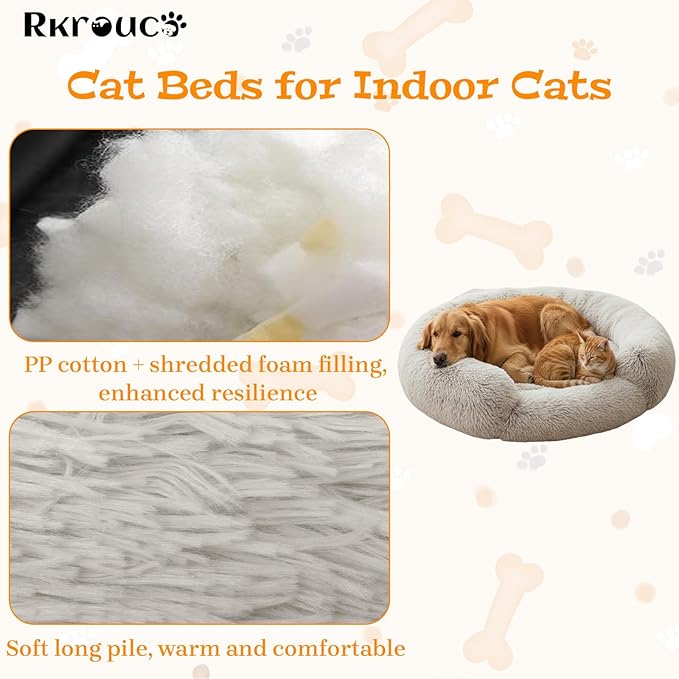 Fluffy Dog Bed Calming Donut Beds for Large Dogs Warming Round Small Medium Pet Nest Cozy Cat Mattress Indoor Washable Puppy Kennel Kittens Sleep Mat (L, 35.4×35.4 inch, Beige)