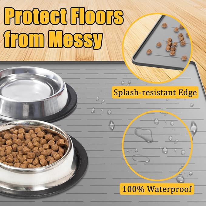 1.5MM Super Thick Dog Food Mat, 48"x32" Silicone Dog and Cat Mats for Food and Water Bowls, Waterproof Pet Feeding Mat for Contain Spills Protects Floors, Multiple Colors & Sizes for Pets, Light Gray