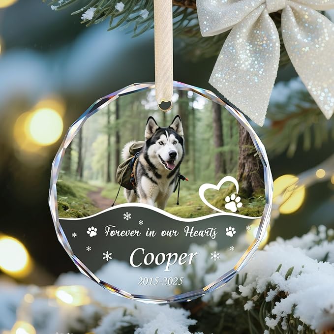 Personalized Pet Memorial Ornament - Custom Photo, Name & Dates - Forever in Our Hearts Glass Crystal Keepsake Ornaments - Dog Memorial Gifts for Loss of Dog, Cat