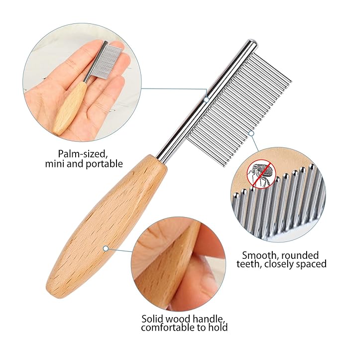 Small Dog Comb with Wooden Handle Dog Eyes&Mouth&Face Metal Comb Pet Fine Tooth Flea Comb Pet Grooming Tool for Dogs and Cats Gentle Remove Loose Hair Dirt Fleas