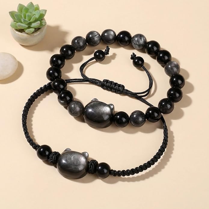 Black Obsidian Cat Bracelet and Moon Pendant Necklace Jewelry Set-Cat Lover Gifts,Wealth Attraction,Good Luck,Bead Bracelet,Mindfulness,Beaded Bracelets, Obsidian Pendant Necklace-Cute Gifts for Women