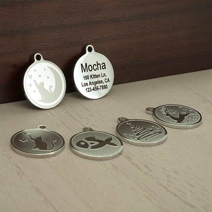 Ultra Joys Engraved Cat Name Tags Personalized - Stainless Steel Name Tag Pet Identification - Small Dog ID Tags Personalized for up to 4 Lines of Text - Pet ID Tags for Cat Collar - Fish