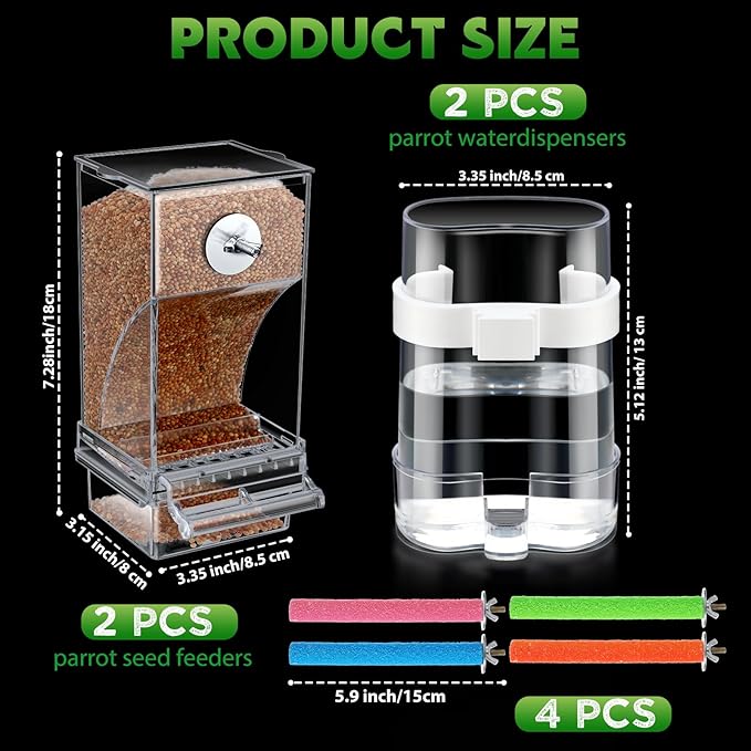 Yaomiao 8 Pcs No Mess Small Bird Feeders Automatic Parakeet Water Dispenser with 4 Pcs Cage Perch Clear Quail Feeder and Watered Cage Accessories for Small and Medium Parakeet Cockatiel Canary(Clear)