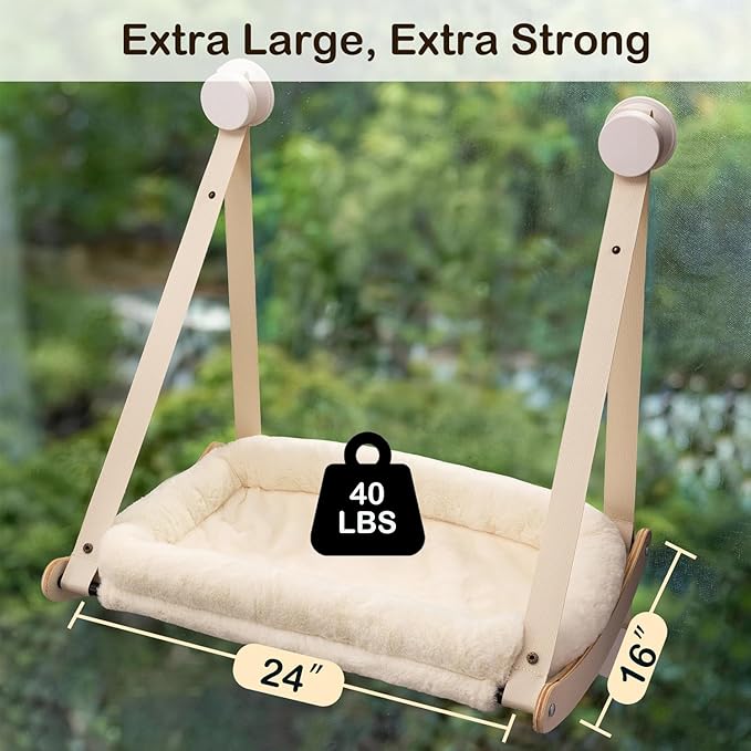 Kilodor Cat Window Perch, Cat Hammock for Window with 4 Strong Suction Cups - Easy Assembly, Solid Wood Frame with Large Cats Bed - Supports Up to 40lbs for Indoor Cats