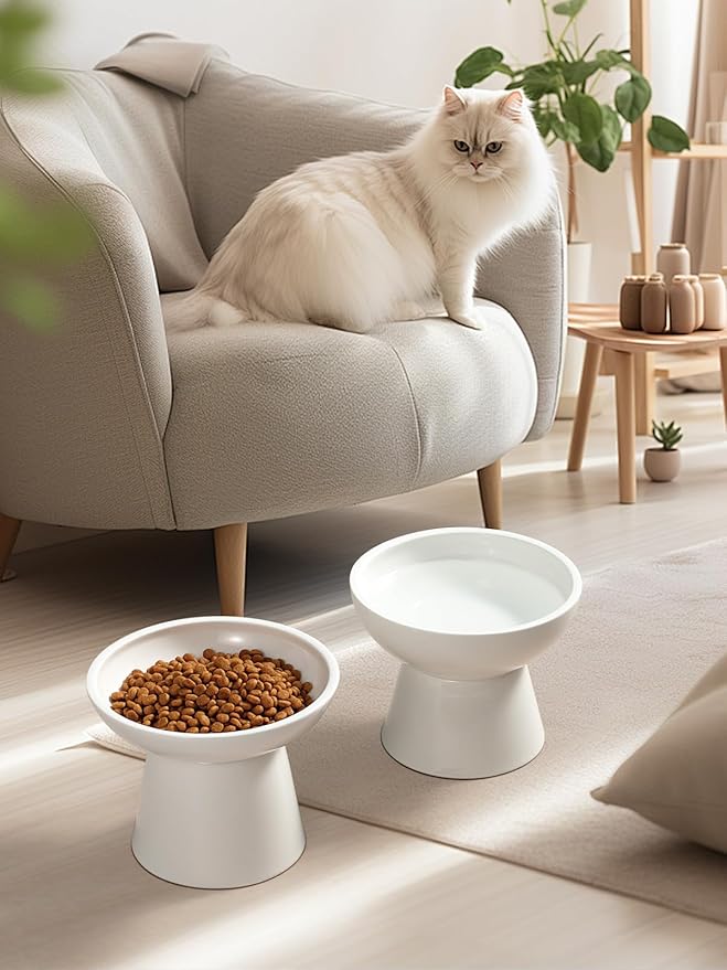 LoeJan Elevated Cat Food and Water Bowls Set, Extra Wide and Raised Ceramic Feeder, Anti-Vomit Whisker-Free Pressure Feeding Bowl for Kittens Adult Small Dogs