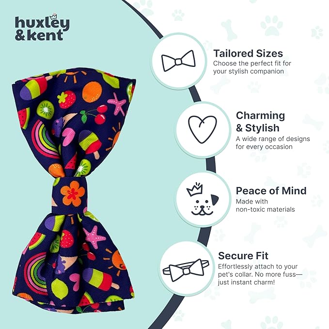 Huxley & Kent Pet Bow Tie for Dogs & Cats - Summer Theme Adjustable Hook & Loop Collar Accessory - Cute & Comfortable for Holidays & Celebrations - Summer Icons, Small