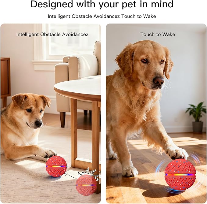 Interactive Dog Toys: Self Rolling & Bouncing Ball to Keep Them Busy, 3 Modes, Type-C Fast Charging, Durable E-TPU & IP54 Waterproof - Best for Small/Medium Breeds & Puppies (Red, Medium)