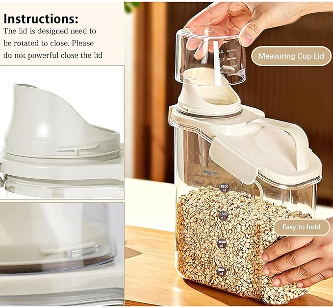 Cereal Containers Storage Small Food Storage Containers with Pour Spout, Measuring Cup for Rice Flour Sugar Dog Cat Dry Food Dispenser Plastic Kitchen Airtight Canister 1.8L BPA Free