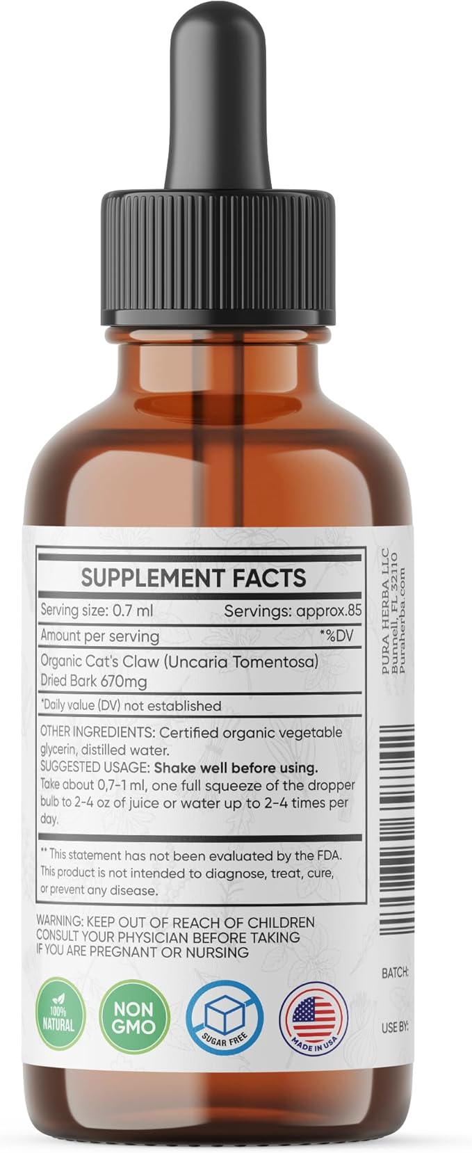 Cat’s Claw Liquid Extract | Alcohol-Free, Vegan, Non-GMO, Gluten-Free | 2 oz Liquid Herbal Organic Tincture