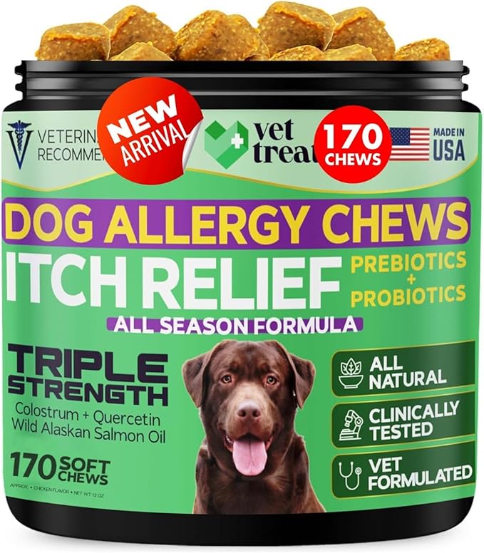 Dog Allergy Relief Chews - 170 Dog Allergy Chews - Itch Relief for Dogs - Anti Itch for Dogs - Dry & Itchy Skin - Allergies & Immune Support Supplement, Omega 3 Fish Oil, Colostrum - USA