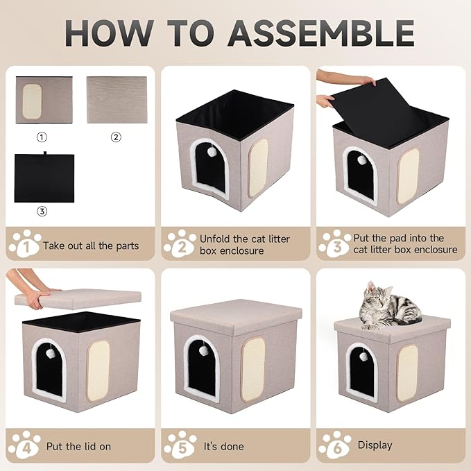 Cat Litter Box Enclosure, Foldable Hidden Litter Box with Mesh Storage Bag, Litter Box Furniture Hidden with Waterproof Inside, Easy Clean, Odor Control, Easy Assembly, 21.6”L x 17.7”D x 17.7”H, Beige