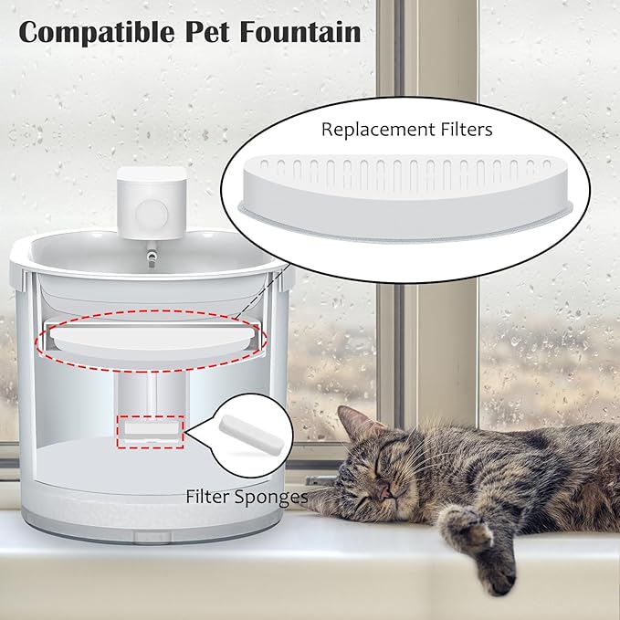 4 Pack Cat Water Fountain Filter & 6 Pack Replacement Fliter Sponges Compatible with Uahpet Water Fountain 67oz/2L Automatic Pet Fountain,Pack of 10