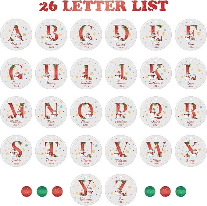 Name Ornaments for Christmas Tree, Custom Initial Monogram Snowman Ceramic Ornament for Kids Boys Girls, Monogrammed Christmas Ornaments 2026