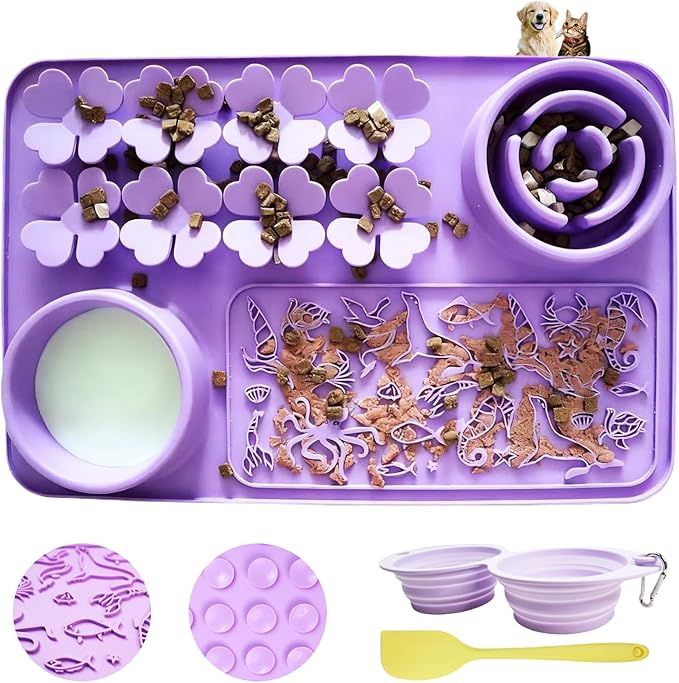Silicone Snuffle Mat for Dogs and Cats 4 in 1 Purple - Dog Lick Mat with Slow Feeder Bowl - Reusable Pads for Pets with Suction Cups, Puzzle Toys for Bored Puppy, Collapsible Dog Water Bowl