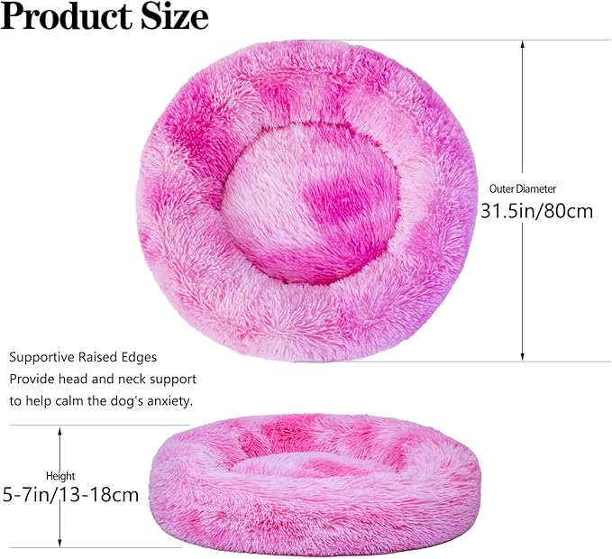 Calming Dog Bed for Medium Dogs Cats, Puppy 31'' Round Anti-Anxiety Warm Fluffy Plush Faux Fur Bed, Soft Anti-Slip Donut Washable, Cozy Medium Puppy Bed, Fits up to 50 lbs Pets