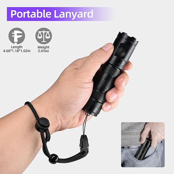 DARKBEAM UV Flashlight 395nm Black Light, 3 LEDs 20W Powerful Ultraviolet Flashlights Rechargeable, Mini Woods Lamps Long Life for Resin Curing, Pet Urine Detection, UV Nail Glue, AC Leak