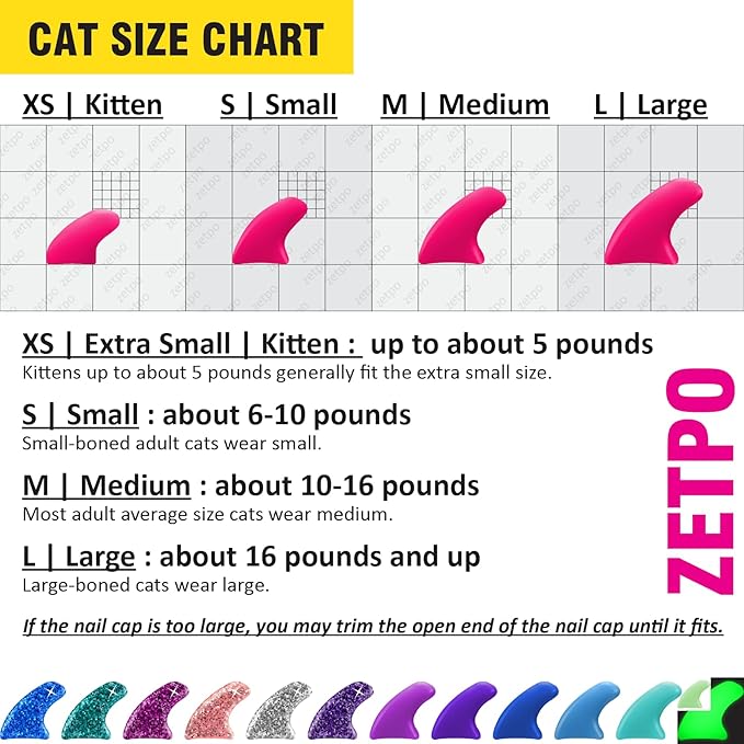 zetpo 12 Colors / 120 pcs Cat Claw Covers | Cats Nail Caps with Adhesives and Applicators (L)