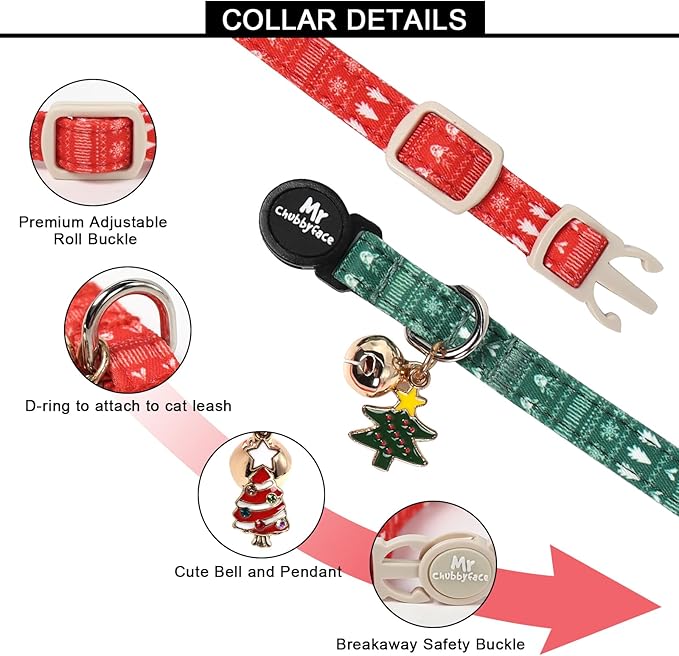 2 Pack Cat Collar, Cute Christmas Red and Green Tree Breakaway Kitty Collar with Bell&Pendent, Soft Adjustable Safety Cat Collar for Female Male Cats
