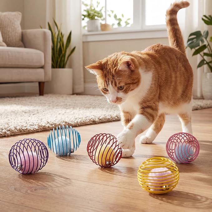 Jecery 5 Pcs Cat Spring Toys Stretchable Rolling Balls Colorful Playful Coils Interactive Action Toy Caged Rats for Kitten Pet Supplies (Pom-pom with Bell,Multicolor)