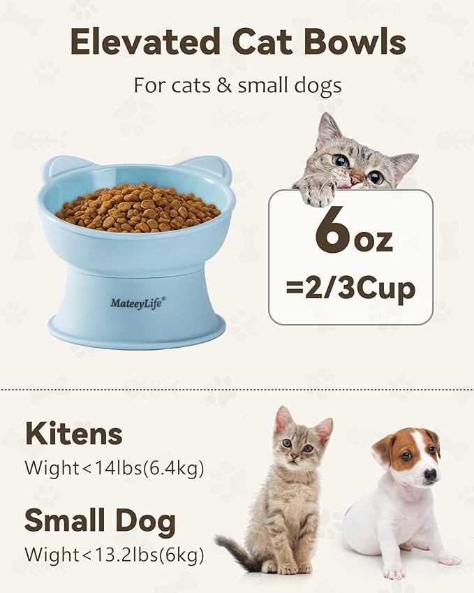 MateeyLife Raised Cat Bowls, Cat Food Bowl Elevated for Kittens & Small Dogs, 15°Tilted Protect Pets' Neck and Anti Vomiting, Whisker Friendly Food & Water Feeding Bowl, 6 oz Each - Blue