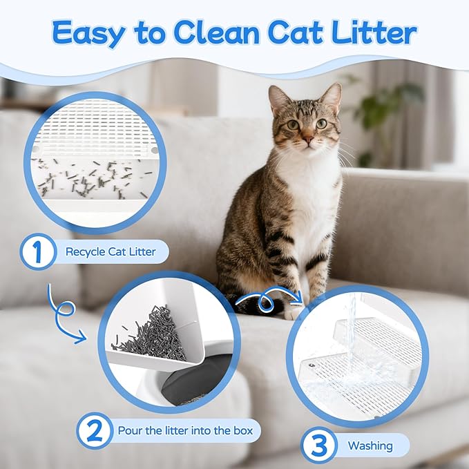 Extra Large 3 Steps Litter Box Ramp, Adjustable Cat Litter Box Step with Filter Function, Easy to Clean Cat Litter Stair Catcher for Elderly Cats and Kitten (White)