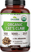 Zazzee USDA Organic Cat’s Claw 20:1 Extract, 1000 mg, Standardized to 3% Alkaloids, 100 Vegan Capsules, 20X Potency, Immune System and Joint Support, Non-GMO, All-Natural, Made in The USA