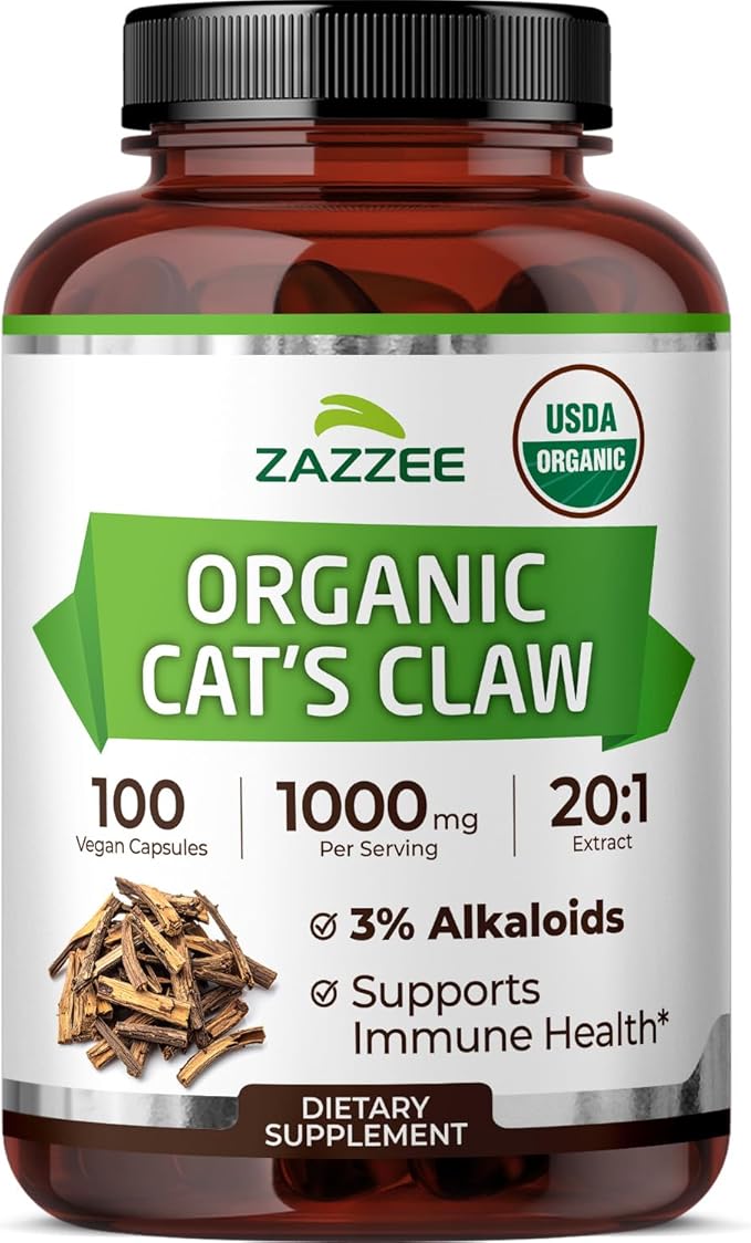 Zazzee USDA Organic Cat’s Claw 20:1 Extract, 1000 mg, Standardized to 3% Alkaloids, 100 Vegan Capsules, 20X Potency, Immune System and Joint Support, Non-GMO, All-Natural, Made in The USA