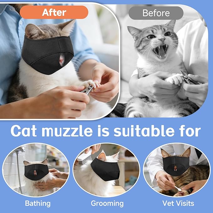 BARKLESS Cat Calming Muzzle for Grooming & Nail Trimming, Oxford Muzzle with Shading Design to Help Calm The Cat Down, Soft Head Cover to Prevent Biting & Scratching (Black, M)