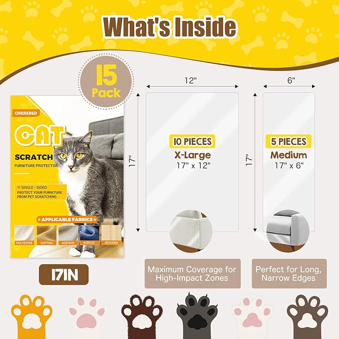 Large Cat Scratch Furniture Protector, 15-Pack Wide Coverage Self-Adhesive Protectors - Heavy-Duty Easy-to-Apply, Scratching Deterrent for Sofa Corners, Walls, Doors, 17in