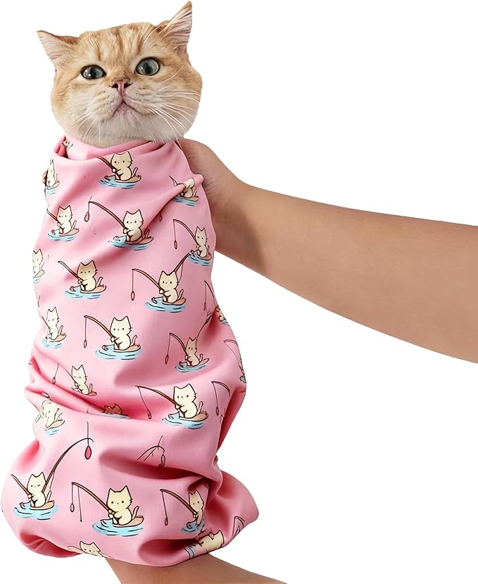 33.5" Cat Grooming Wrap,cat wrap for Cutting Nails,Self-Adhesive cat Swaddle wrap cat Restraint cat wrap Blanket for Medicine, Nail Clipping, Teeth Brushing,Pink Kitten(Within 22lbs)