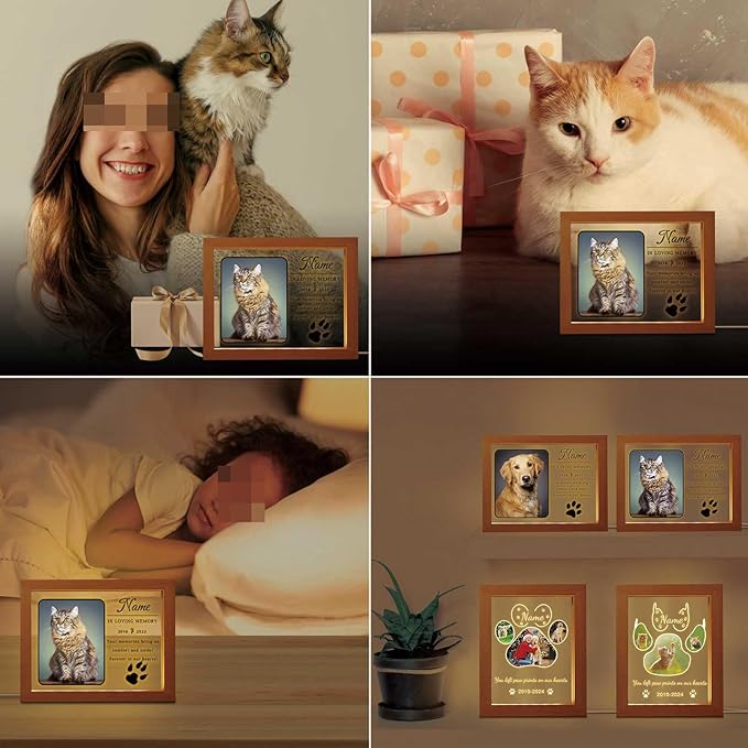 Personalized Cat Memorial Gift Night Light Customized Light Up Picture Frame Acrylic Led Plaque Lamp Pet Sympathy Remembrance Gift(Cat Paw)