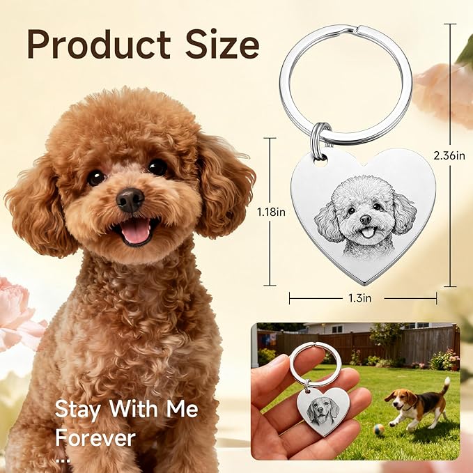 Custom Dog or Cat Portrait Keychain, Personalized Photo Engraved Keychains with Name, Customized Pet Memorial Gifts for Loss of Pets (Heart Shape)