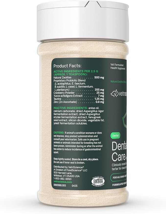 VetriScience Dental Care Powder, Clinically Tested Dental Supplement for All Dogs & Cats, Freshen Breath, Control Plaque & Tartar, Oral Health with Probiotics, Perio Support, 4.2 oz