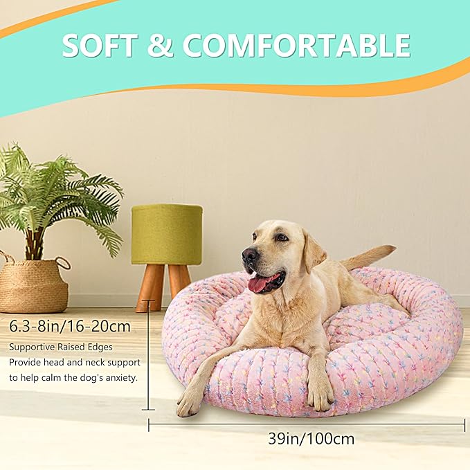 39 Inch Calming Dog Bed for Large Dogs, Round Anti-Anxiety Warm Bed, Soft Cozy Anti-Slip Donut Washable Pet Bed, Fits up to 100 lbs Pets