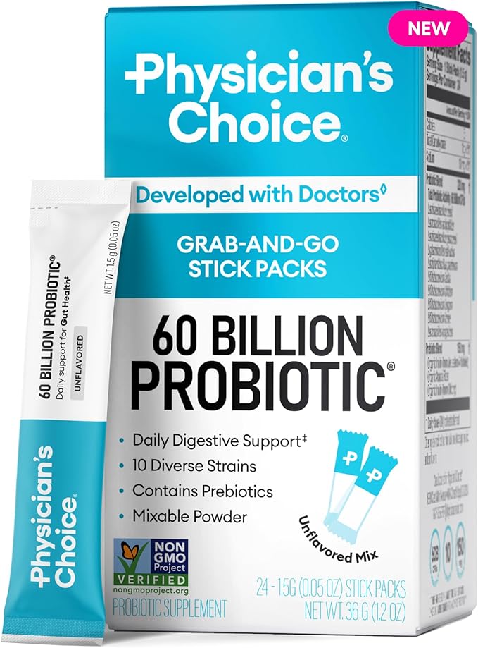 Physician’s Choice 60 Billion CFU Probiotic Stick Packs - 10 Strains + Prebiotics - Immune, Digestive & Gut Health - Supports Occasional Constipation, Diarrhea, Gas & Bloating - for Women & Men - 24CT
