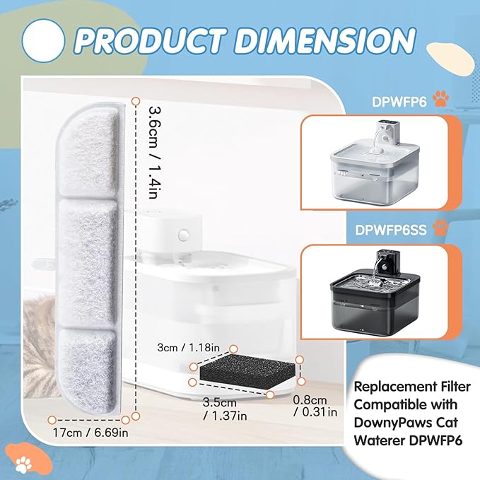 8Packs Replacement Filters Compatible with Downy Paws Cat Water Fountain - Triple Filtration Filters for DownyPaws 84oz/2.5L Wireless Pet Fountain DPWFP6 (8 Filters & 8 Sponges)